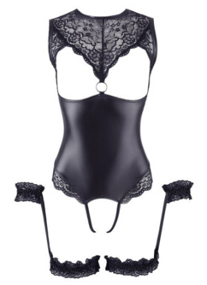Body en dentelle et simili cuir ouvert avec menottes -  OR2642239BLK